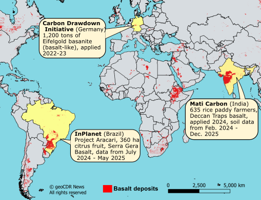 Map showing general locations of three ERW projects in Brazil, Germany, and India that added data to Cascade Climate's ERW Data Quarry.